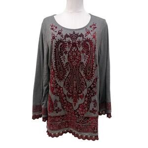 Chicos Gray Burgundy Velvet Paisley Tunic Top Beaded Lace Boho Large Fall Autumn